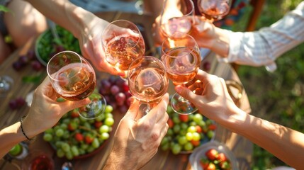 People clink wine glass in a large party