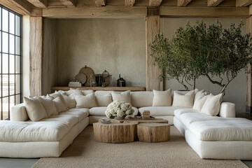 Cozy living room with a large sectional sofa and natural decor elements.