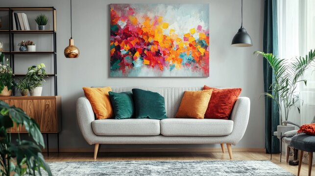A stylish living room featuring a large, colorful canvas print hanging above the sofa.