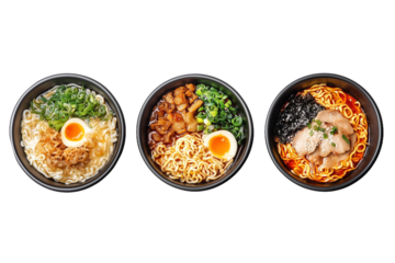 assiettes de Ramen, plat japonais avec nouilles, riz, curry, crevettes, boeuf, poulet et légumes, fond transparent, PNG
