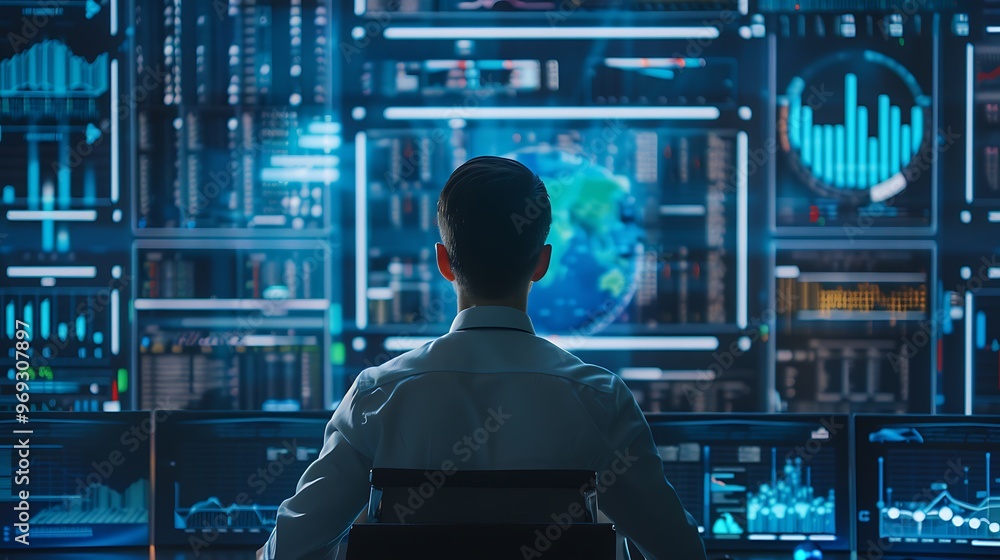 Poster analyst studying digital data display for business analysis, copy space