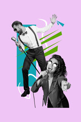 Vertical image collage young woman man artists performance singers concert microphone sunglass gentleman festive event drawing background