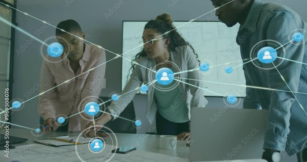 Poster animation of network of connections with icons over diverse colleagues discussing work in office