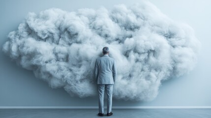 A man in a grey suit stands in front of a massive smoke cloud, symbolizing thoughts of confusion, uncertainty, or possibly a dramatic moment of realization.