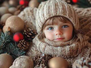 little girl in big knitted sweater is ready for the holiday season, generative ai