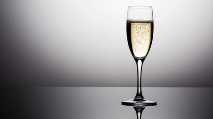 Crisp minimalist champagne scene with flute glass and soft lighting