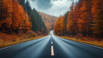 Naklejka premium Autumn road landscape in beautiful nature travel. Mountain road scenery. Fall highway in colorful forest. Nature trip photo