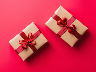 Two beautifully wrapped gifts with red ribbons on a vibrant red background, perfect for holiday celebrations and special occasions.