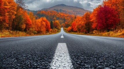 Naklejka premium Autumn road landscape in beautiful nature travel. Mountain road scenery. Fall highway in colorful forest. Nature trip photo