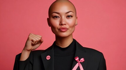 Bald pretty asian woman showing fist, pink ribbon lapel pin - symbol of the fight against breast cancer on her clothes, bright solid background