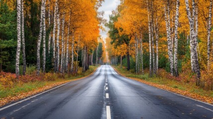 Obraz premium Autumn road landscape in beautiful nature travel. Mountain road scenery. Fall highway in colorful forest. Nature trip photo