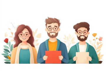 Obraz premium Three illustrated characters with cheerful expressions hold blank signs with floral elements in the background ideal for presentations, educational materials, and promotional content,