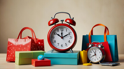 Sales concept with alarm clock and colorful shopping bags, clock and gift boxes. Ai generative