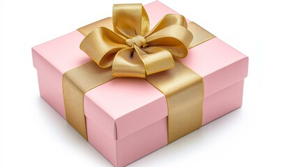 Obraz premium A pink gift box adorned with a luxurious gold bow, Ideal for celebrations, birthdays, weddings, or any special occasion needing an elegant presentation,