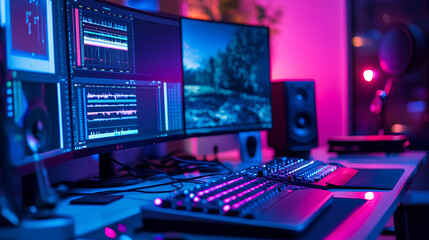 Fototapeta premium Modern video editing studio with dual monitors, audio mixing panels, and neon lighting creating a vibrant atmosphere 