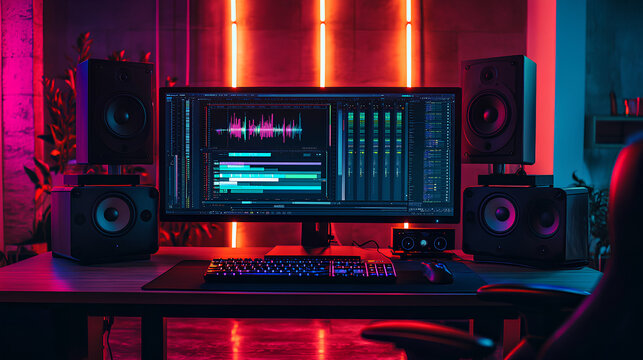 Modern video editing studio with dual monitors, audio mixing panels, and neon lighting creating a vibrant atmosphere
