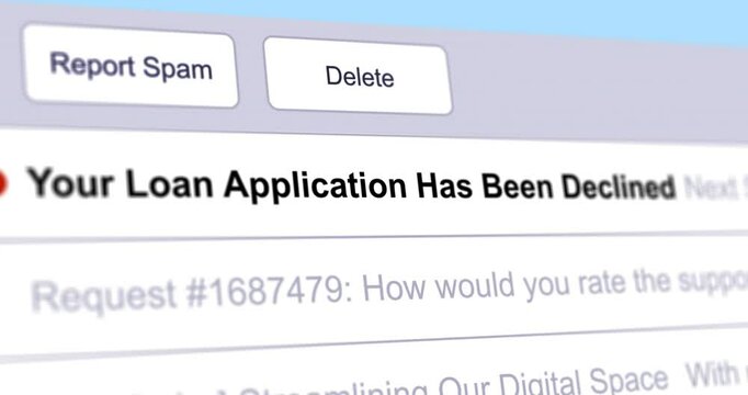 Incoming email with loan application declined notification, mortgage claim refusal message, close up footage