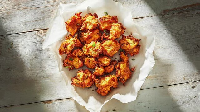 Delicious Crispy Pakoras on Rustic White Wooden Table
