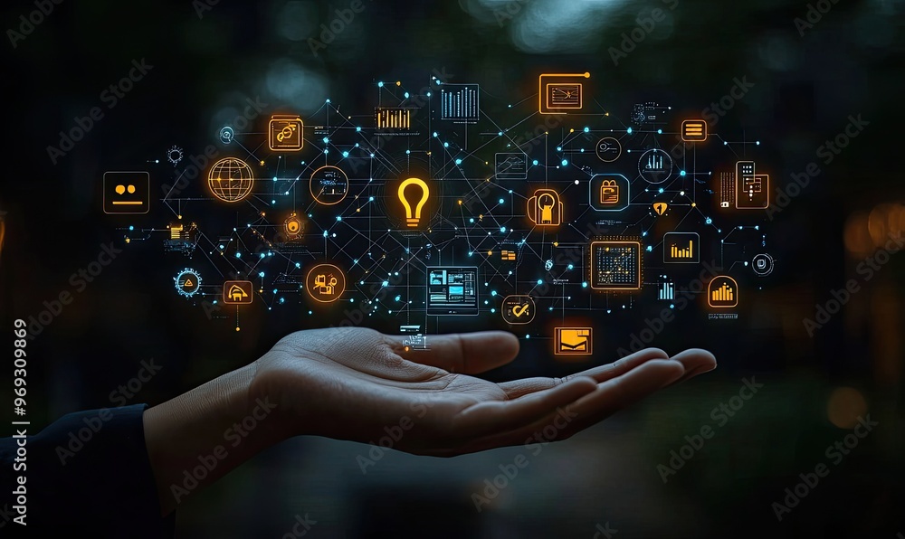 Poster a hand holding a digital cloud of interconnected icons representing technology and data.
