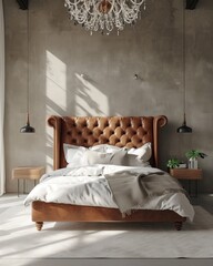 Stylish bedroom with a brown leather bed and beige blanket near the wooden cabinet decorated hanging lamp and chandelier on concrete wall background