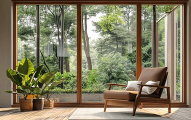 Comfortable cushion armchair with white pillow and houseplant on pot by large windows with lush forest backdrop view