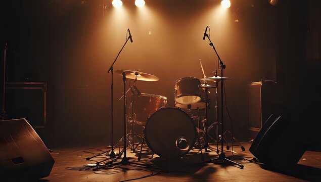 A drum set on a stage with spotlights shining on it.