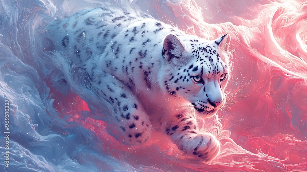 Wall mural semiabstract snow leopard blending into swirling neon snow patterns symbolizing stealth power and re