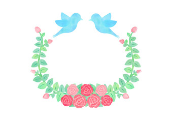 赤いバラと青い鳥のフレームイラスト