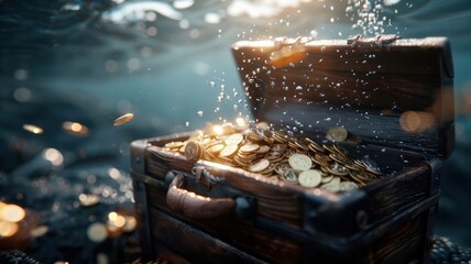 Obraz premium A scuba diver explores a shipwreck, illuminating a treasure chest with their flashlight.