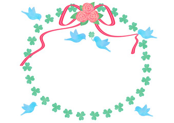 青い鳥とバラとクローバーの幸運のフレームイラスト