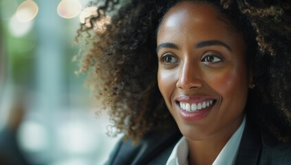 Woman in professional attire, smiling with confidence during an job interview. Candidate best top applicant