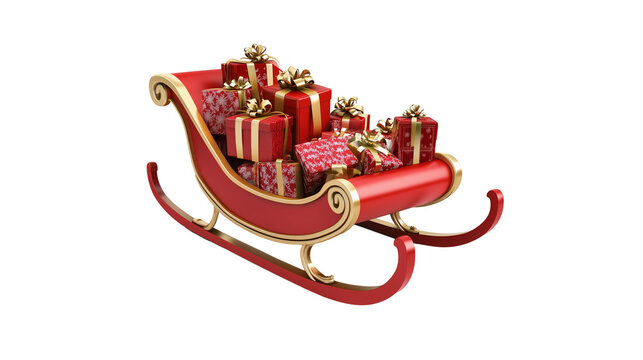 Christmas sleigh with wrapped presents isolated on transparent background