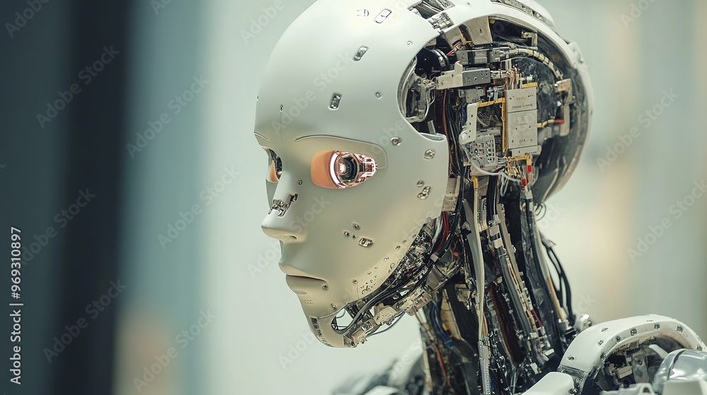 Poster a close-up of a humanoid robot performing complex tasks