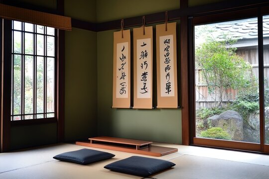 traditional Japanese room with tatami mats, calligraphy paintings on the wall, and two small black cushions arranged in front of open window overlooking greenery outside. Walls have dark olive tones.