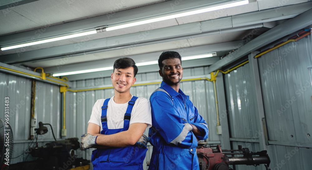 Wall mural two men in blue work clothes stand in a workshop. one of them is smiling. scene is positive and frie