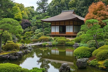 Fototapeta premium A traditional Japanese tea house surrounded by lush greenery and a tranquil pond, embodying the serene beauty of Zen gardens in Kyoto's Golden Gate Park.