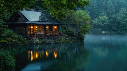 Fototapeta premium a wooden cabin on the edge of an ancient Japanese lake, overlooking a small restaurant with warm lights and cozy seating, surrounded by lush 