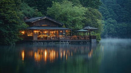 Obraz premium a wooden cabin on the edge of an ancient Japanese lake, overlooking a small restaurant with warm lights and cozy seating, surrounded by lush