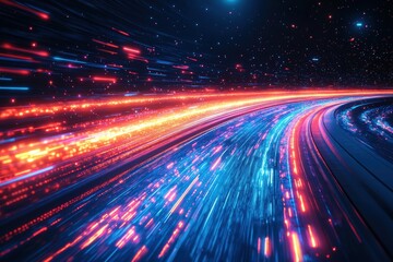 Obraz premium Colorful blue and red neon speed light lines background. Fiber optic Technology. Futuristic wallpaper. banner. Illustration