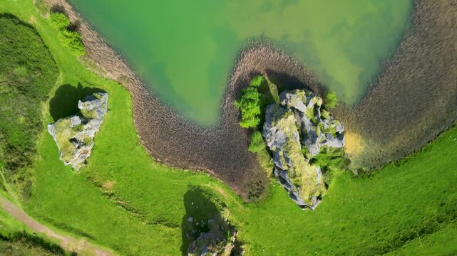 Lake of La Arboleda surrounded by lush greens on a sunny day in Bizkaia, Euskadi, Spain