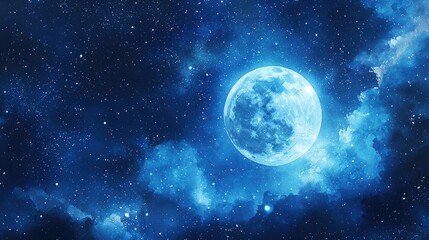 Naklejka premium Abstract digital painting depicting a blue moon in a starry sky with twinkling lights on the moon, blue light particles, detailed background elements, 