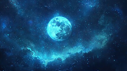 Obraz premium Abstract digital painting depicting a blue moon in a starry sky with twinkling lights on the moon, blue light particles, detailed background elements,