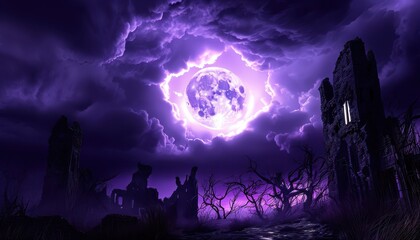 A dark, atmospheric scene featuring ruins under a dramatic purple sky with a large moon.