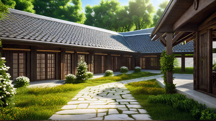 Fototapeta premium beautiful modern villa with green grass, old house in the garden, traditional chinese house 
