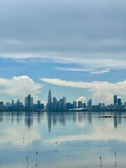 Naklejka premium Serene coastal landscape of Deep Bay Wetlands in Hong Kong