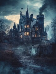 Halloween themed background with castle, scary atmosphere, lots of details