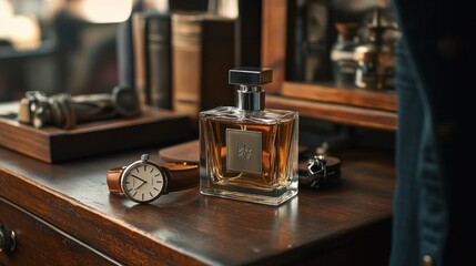 A man cologne bottle on a wooden dresser, with leather accessories and a vintage watch, creating a classic and masculine vibe.