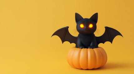 Fototapeta premium Black cat with glowing eyes and bat wings, sitting on a pumpkin, 3D illustration