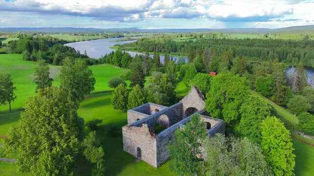 Aerial view of Nes Church Ruin in Norway.