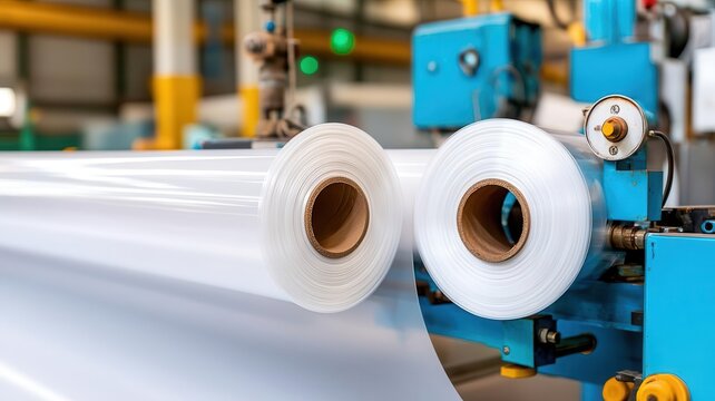 A plastic extruder machine creating long sheets of plastic film, Plastic extrusion, industrial process, packaging